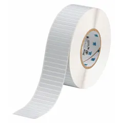 Polyimide precut label roll with white gloss finish, measuring 2 13/64 in x 1/4 in. Compatible with i7100 printer series. Used for durable identification in industrial environments requiring heat and chemical resistance, such as circuit board labeling and asset tracking.