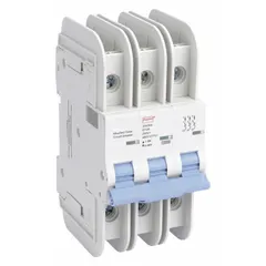 This 3-pole miniature circuit breaker features a D-curve trip characteristic for overcurrent protection in circuits with high inrush loads such as motors and transformers. Rated 10 A with a maximum interrupting rating of 10 kA at 480 V AC, it is UL489 listed for DIN rail mounting. Terminal connections are lug type; not rated for DC voltage.