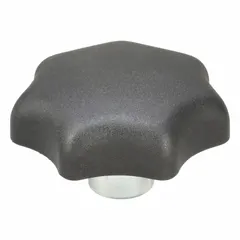 This 7-arm knob features a plastic body with a steel thread insert for manual adjustment and clamping applications. With a 63 mm diameter and 1/2"-13 thread size, it provides a multi-point grip for secure fastening in jigs, fixtures, and workholding setups.