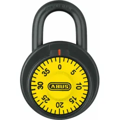 This ABUS combination padlock features a yellow dial for easy visibility and a steel body with a steel standard shackle. The keyless dial-combo mechanism provides convenient security for lockers, toolboxes, gates, and storage units in indoor and light outdoor environments.