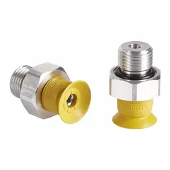 Flat type ESD vacuum pad assembly for handling sensitive electronic components in static-sensitive environments. Features NBR-ESD material in yellow, 55 A rating, 16.8 mm pad diameter, and 15 mm pad height. Suitable for pick-and-place applications in electronics assembly.