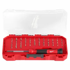 Security multi-bit screwdriver with 39 tips including Hex, Phillips, Slotted, Spanner, and Torx types. Overall length 7 1/2 inches. Suitable for tamper-resistant fasteners in electronics, automotive, and industrial maintenance tasks.