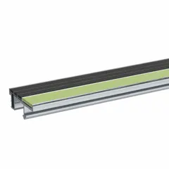Aluminum stair nosing designed for set-in-concrete installation. Features a glow-in-the-dark replaceable insert with multistrip grit to enhance visibility and slip resistance on stair edges. Measures 60 inches wide by 3 1/8 inches deep.