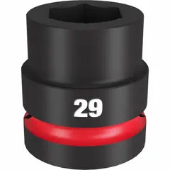This 1-inch drive impact socket is designed for heavy-duty fastening applications. It features a 29 mm, 6-point metric configuration with a standard length and friction ring retention. The black phosphate finish provides corrosion resistance.