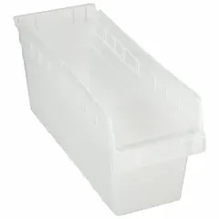 Clear plastic shelf bin with nesting capability for space-saving storage when empty. Overall length 17 7/8 in, dimensions 6 5/8 in x 8 in. Suitable for organizing small parts on industrial shelving in warehouses, workshops, and manufacturing facilities.