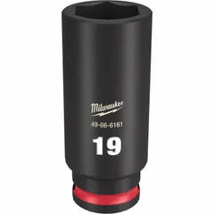This 3/8" drive deep impact socket features a 19 mm metric size with a 6-point design and friction retention. The black phosphate finish provides corrosion resistance. Suitable for use with impact wrenches in automotive, industrial, and equipment maintenance applications.