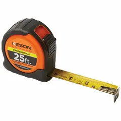 This 25 ft engineers-scale tape measure features a high-visibility orange plastic body with rubberized grip. It includes a nonmagnetic single hook tip, finger brake, and manual lock. The blade displays SAE/Engineers Scale markings in 1/16 in increments and feet, suitable for precision layout, surveying, and metalworking tasks.