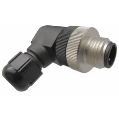 M12 circular connector with 5 pins, male threaded mounting, and 90° angle orientation. Polyamide housing with IP67 protection. Wire connection type. Suitable for general sensor applications in power systems where space constraints and environmental sealing are required.