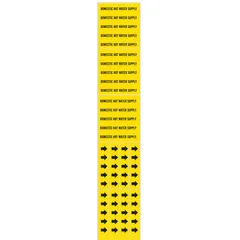 Yellow adhesive pipe marker with black legend text reading 'Domestic Hot Water Supply'. Fits pipe outer diameter of 3/4 inch and smaller. Supplied without arrows. Used to identify domestic hot water supply lines in plumbing systems.