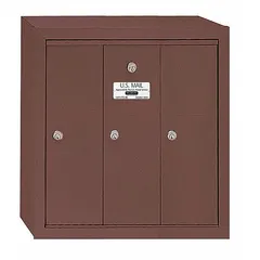 Vertical multi-unit mailbox with 3 lockable front-access doors. Surface-mount design for wall installation. Dimensions: 19 in H x 18 3/4 in W x 7 1/2 in D. Suitable for organizing mail delivery in multi-tenant residential or commercial buildings.