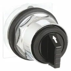 30 mm panel-mount selector-switch operator with a metallic bezel. Features three positions with maintained action in all positions and a C cam. Suitable for industrial control panels requiring stable multi-state control, such as mode selection or function switching.