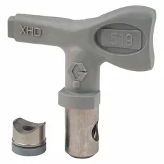 The GRACO XHD519 is a gray airless spray gun tip with a 0.019 in orifice size. It is designed for use with the XHD001 model and is compatible with the XTR series. This tip is a replacement component for airless spray guns used in industrial painting and coating applications.
