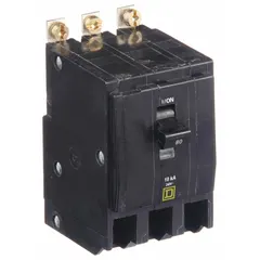 Three-pole, 80 A bolt-on miniature circuit breaker from the QOB Series. Rated for 120/240V AC with a maximum interrupting rating of 10kA at 120/240V AC. Designed for use in Square D NQOD panelboards to provide overcurrent protection in commercial and industrial electrical distribution systems.