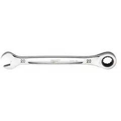 Standard-length combination wrench with a 20 mm 12-point ratcheting box end for efficient fastener turning. Chrome vanadium steel construction with a chrome finish. Suitable for mechanical assembly, automotive repair, and industrial maintenance tasks.