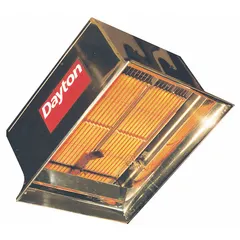 Natural gas suspended infrared flat panel ceiling heater for indoor use. 60,000 BtuH heating capacity input. Minimum mounting height 12 to 14 ft; floor coverage 16 ft x 16 ft. Dimensions 22-1/2 in H x 19-1/8 in W x 15-1/4 in D. Clearances to combustibles: top 40 in, below 72 in, sides 32 in.
