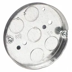 Round steel ceiling electrical box with 4-inch diameter and 1/2-inch depth. 2-gang configuration without clamps or bracket. Suitable for mounting light fixtures or junction connections in dry indoor locations where shallow depth is required.