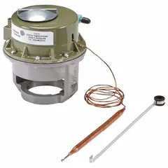 Direct-acting pneumatic thermostat with piston valve actuator and remote-bulb sensor. Temperature control range 60° to 150°F. 2-pipe high-volume air flow output. 42-inch capillary for valve-top mounting. Used in HVAC systems to modulate air flow to valves or dampers based on sensed temperature.