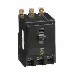 Bolt-on miniature circuit breaker from the QOB Series, rated 40 A, three-phase, 120/240V AC with a maximum interrupting rating of 22kA at 120/240V AC. Provides overcurrent protection in electrical distribution systems and is intended for use with Square D NQOD panelboards.