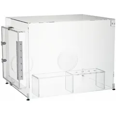 This acrylic glove box provides a controlled environment for handling moisture-sensitive or air-sensitive materials. It features two access ports and includes a removable acrylic rack for organizing samples and tools. Suitable for laboratory sample preparation, weighing, and small-scale processing under inert atmosphere.