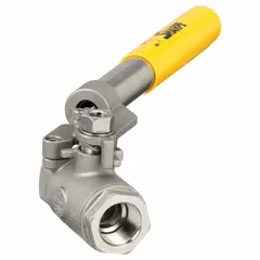 This SHARPE two-way ball valve features a 316 stainless steel straight body with FNPT x FNPT connections. The polymer seat and locking lever handle provide secure on/off flow control. Typical applications include industrial piping systems requiring corrosion resistance.