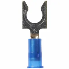 Insulated fork terminal with locking fork design for secure connection to a 1/4 in stud. Accepts 16 AWG to 14 AWG wire, rated 600 V. Nylon insulation with Insulation Grip barrel. Used in control panels, distribution, and equipment wiring.