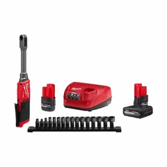 This M12™ cordless ratchet delivers a maximum fastening torque of 60 ft-lb and a no-load speed of 350 RPM. It features a brushless motor and a ball detent anvil. Suitable for fastening and loosening bolts in confined spaces where manual ratcheting is impractical.
