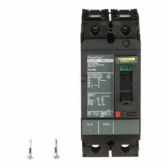 This H-Frame molded case circuit breaker is rated for 50 A with a 25kA interrupting capacity at 240V AC. It features a fixed configuration with line/load lugs and is classified as HD type. Suitable for overcurrent protection in branch circuits within industrial electrical panels, power distribution systems, and similar applications.