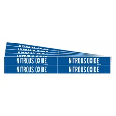 Blue adhesive pipe marker with white legend reading 'Nitrous Oxide'. Fits pipe outer diameters from 3/4 to 2-3/8 inches. Pack includes 4 markers without directional arrows, sold in a 5-pack quantity. Used to identify pipes carrying nitrous oxide in medical, industrial, or laboratory piping systems.