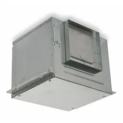 Square duct inline cabinet fan for horizontal or vertical discharge. Fits 8 in x 8 in ductwork. Single-speed, 115V AC single-phase, 49 W. Used to ventilate commercial or industrial spaces by removing stale air, smoke, or odors.