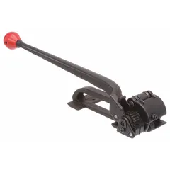 This manual feedwheel tensioner is designed for tensioning steel strapping on flat seal surfaces. It is a heavy-duty tool suitable for securing loads in packaging and shipping operations. The tool operates manually, requiring no external power source.