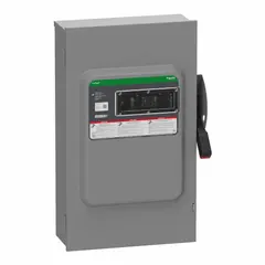 Non-fusible safety switch rated 200 A, three-phase, 600V AC/DC. Galvanized steel enclosure. Used as a disconnecting means for industrial and commercial power distribution systems, enabling safe isolation of electrical circuits during maintenance or emergency shutdown.