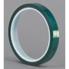 This polyester film tape with silicone adhesive is designed for high-temperature masking applications such as powder coating and wave soldering. It offers clean removal and heat resistance up to 260 °C. The tape is 1/2 inch wide, 18 yards long, and 3.2 mil thick, with a green color.