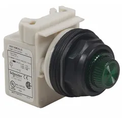 This 30 mm panel-mounting LED pilot light from the 9001SK Series provides a red indicator for equipment status or alarms in industrial control panels and machinery. It does not include a push-to-test feature.