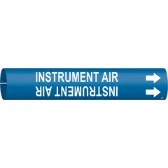 Blue snap-on pipe marker with white legend 'Instrument Air' and directional arrows. Fits pipe outer diameters from 2-1/2 to 3-7/8 inches. Used to identify instrument air lines in industrial piping systems.