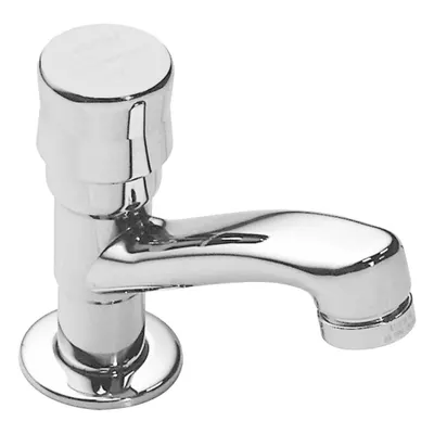 SYMMONS Low Arc Bathroom Faucet: S-71, Single-Post, Cast Brass, Chrome Finish - Single-Post Push-Button Metering Bathroom Faucets