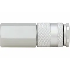 This push-to-connect coupling body is designed for use in compressed air systems to connect pneumatic tools and hoses. It features a 1/2"-14 thread size and a 1/2" hose fitting size, with an integrated valve. The aluminum construction and high-flow design support efficient air transfer in industrial applications.