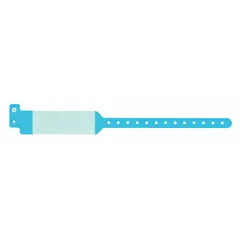 Blue plastic security wristband with no printed legend. Measures 11 3/4 inches in length and 1 5/8 inches in width. Supplied in a 500-pack for temporary identification and access control at events, hospitals, and industrial facilities.
