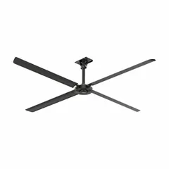 Industrial HVLS ceiling fan from the XP Series with a 12 ft blade diameter, delivering high-volume airflow for large spaces. Operates on 120V AC, single-phase power at 8.3 A, with variable speed control. Finished in silver; no light kit included. Suitable for warehouses, distribution centers, and manufacturing plants.