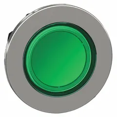 Maintained-action illuminated flush-mount push-button operator from the XB4 series. Features a metallic push button material and green actuator. Designed for 30 mm mounting size installations. Suitable for use as a control interface on industrial machinery and control panels.