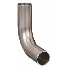 This 90° elbow is a 316L stainless steel sanitary tube fitting with 1 1/2 in OD weld connections on both ends. It provides a smooth directional change in hygienic piping systems and complies with USP 87 standards.