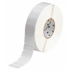 Vinyl, white matte precut label roll cartridge measuring 1 in x 1 3/4 in. Designed for wire gauges from 16 AWG to 8 AWG. Compatible with i7100 printer series and requires R4302 ribbon. Used for clear identification of wires and cables in industrial settings.