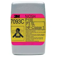 Magenta/olive bayonet-mount filter for 3M 7000 Series reusable respirators. NIOSH rated for nuisance acid gas, nuisance organic vapor, and P100 particulate filtration. Supplied in a 12-pack for industrial environments requiring combined gas/vapor and particulate protection