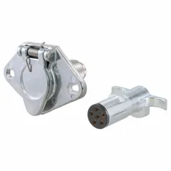 6-way electrical plug for connecting lighting and auxiliary circuits between a towing vehicle and trailer. Includes an integrated dust cover to protect the connector when not in use. Suitable for fleet maintenance, utility trailers, and heavy-duty towing applications.
