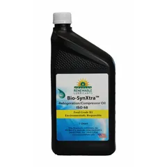 Bottle of Bio-SynXtra FG air compressor oil with ISO Viscosity Grade 68 and Viscosity Index 156. Formulated for lubrication of rotary screw and reciprocating air compressors in industrial applications.