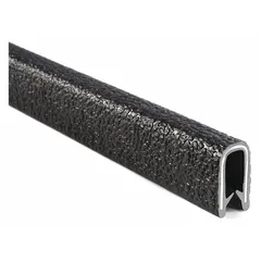 PVC edge trim with a double gripping finger profile and double tongue gripping style, designed to secure and seal panel edges. Black finish, 5/8 in leg length, 25 ft overall length. UL50E listed (File MH49032). Suitable for protecting and finishing edges on enclosures, panels, and machinery.
