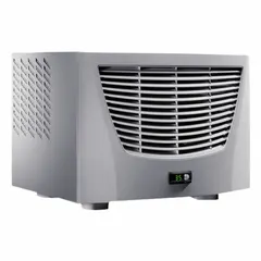 Indoor dust-tight, cooling-only air conditioner for electrical enclosures. Roof-mount design, operates on 115 V. Suitable for removing heat from control panels and automation equipment in dust-tight indoor environments.