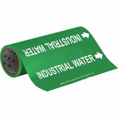 Green adhesive pipe marker with white legend text reading 'Industrial Water' and flow-direction arrows. Each roll contains 30 markers that fit pipe outer diameters from 2-1/2 to 6 inches. Used to identify industrial water lines in facility piping systems.