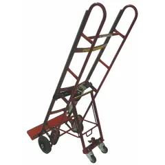 This hand truck features a vertical dual-loop frame and ergonomic tilt-back design for moving heavy appliances and equipment. It has a red finish, 8-inch diameter tread-on-core wheels, and a ratchet strap tightening system. Suitable for use in warehouses, delivery services, and moving applications.