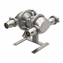 This GRACO FDA-compliant air-operated double-diaphragm pump features a 3-inch Tri-Clamp connection, delivering 130 gpm with a maximum head of 276.9 ft. Constructed with stainless steel and SS check valve material, it is suited for sanitary fluid transfer in food, dairy, and pharmaceutical applications requiring large particle handling.