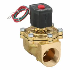 This 2-way, 2-position normally closed solenoid valve features a brass body and is designed for high-flow applications. It operates on 120V AC and has a 1-1/2 in pipe size with a watertight coil enclosure. Suitable for on/off control of water, air, and light oil in industrial fluid systems.